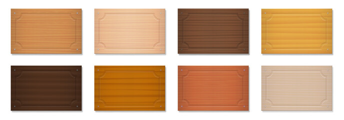 Wooden signboards, blank nameplates, rectangular badges. Set with different colors and textures from various trees - brown, dark, gray, light, red, yellow, orange decor models - vector on white.