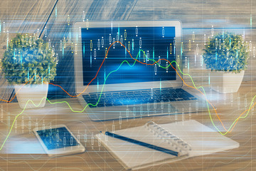 Multi exposure of chart and financial info and work space with computer background. Concept of international online trading.