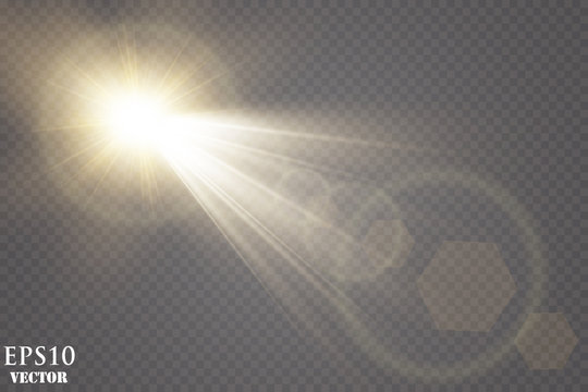 Sunlight on a transparent background. Glow light effects.Star flashed sequins. Sun glare on transparent background. the lens sparkles.Vector transparent sunlight special lens flare light effect.