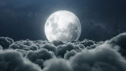 Papier Peint photo Lavable Pleine lune Beautiful realistic flight over cumulus lush clouds in the night moonlight. A large full moon shines brightly on a deep starry night. Cinematic scene. 3d illustration