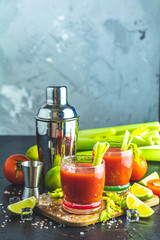 Bloody Mary cocktail. Alcoholic drink and ingredients