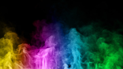 Fototapeta premium Multicolored steam spins and rises from below. Colorful line smoke rises from a large pot, which is located behind the frame. Isolated 3d illustration black background.