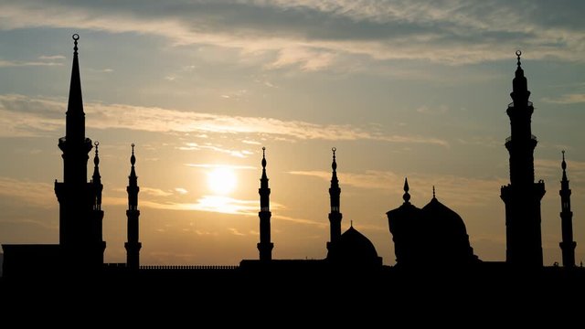 Medina: Al Masjid an Nabawi, Islamic Prophet's Muhammad Mosque, or Nabi Mosque, Time Lapse at Sunrise with Colorful Clouds, Madinah, Saudi Arabia