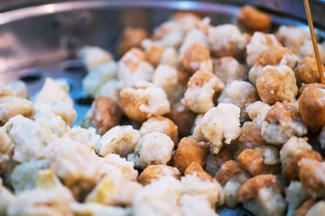 Meat ball , fish ball for grilled on wood stick ,Thai street food market