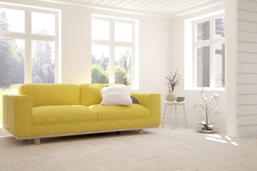 Stylish room in white color with sofa and summer landscape in window. Scandinavian interior design. 3D illustration