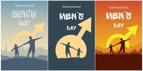 Card with silhouette of men and boy on background symbol of Mars - sign of gender and adventure landscape. Dad and son in different positions spread their arms as if fly or active sports outdoor.