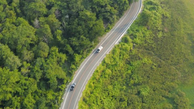 Aerial top view of cars running on rural road in tropical rainforest and green tree, road going through forest from above view by drone.