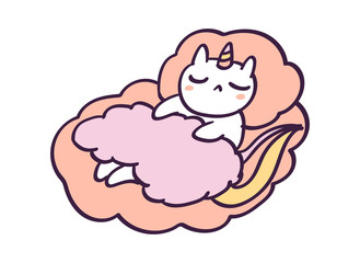 Cute cartoon character cat unicorn sleeping in clouds, funny vector illustration isolated on white.