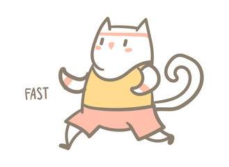 Cute cartoon character kitty doing exercise, motivational funny vector illustration isolated on white.