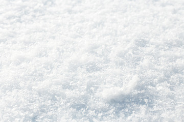 Closeup of fresh snow texture with snowflakes and crystals lightened by the bright sun. Natural winter background