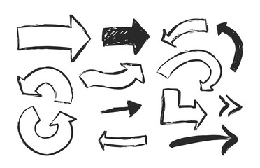 Hand drawn freehand vector black arrows set isolated on white background.