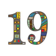 The number 14 with ornaments and colours