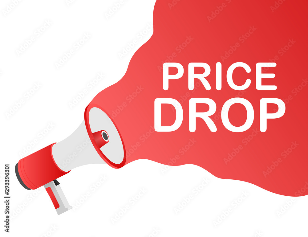 Sticker Price drop - megaphone loudspeaker with message Price drop. Vector illustration.