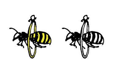 Ink drawn bees flying through the ring isolated on white background. Hand made illustration.