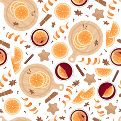 Seamless pattern with mulled wine, orange slices, cinnamon sticks, cloves and cardamom. Flat lay vector Christmas background.