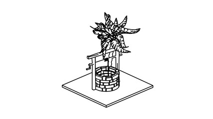 coloring page medieval well and palm tree