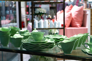 Green Faience. Coffee set for sale. Dishes are for sale.