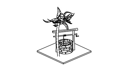 coloring page medieval well and palm tree