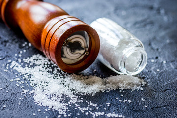 Cooking set with salt and saltcellar on dark background