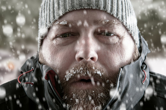 Man In Snow Storm Close Up