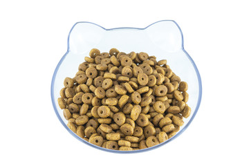 Dry cat food in a cat shaped bowl isolated on white background with clipping path