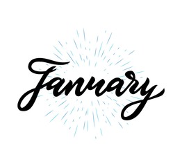 Hand lettering calligraphy January. isolated with blue rays. Vector illustration.