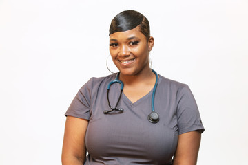 Healthcare professional on white background with copy space, photo of a female nurse