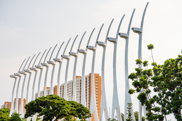 Landmark of white poles in downtown of Jakarta, Indonesia