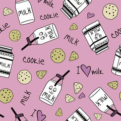 Seamless pattern with cute milk bottle character and cookies. Creative vector childish background for fabric, textile, wrapping paper and another