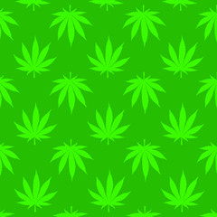 Green marijuana leaf pattern on green background. Vector illustration.