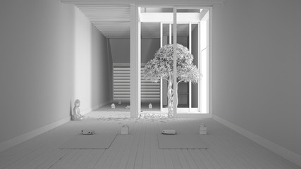 Total white project draft, empty yoga studio interior design, minimal space with mats and accessories, zen garden, tree, ready for yoga practice, marble stones and statue of Buddha
