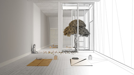 Architect interior designer concept: unfinished project that becomes real, empty yoga studio interior design, minimal space with mats and accessories, zen garden, statue of Buddha