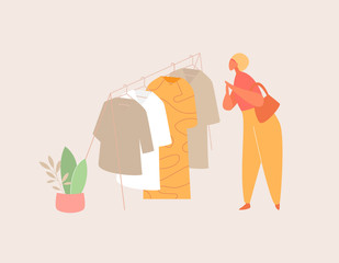 Woman in clothes store. Customer character shopping at apparel retail shop. Garment sale. Flat vector illustration.