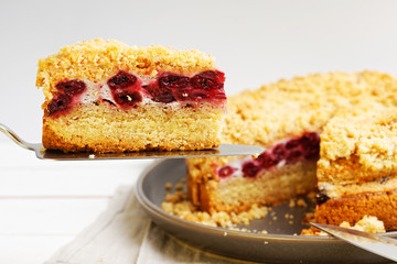 Closeup piece of homemade cherry pie with crumbs on top against blurred background. Shallow focus.