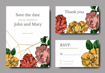 Vector Roses floral botanical flowers. Black and white engraved ink art. Wedding background card decorative border.