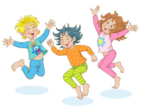 Three funny little child in pajamas are jumping. In a cartoon style. Isolated on a white background. Pajama party.
