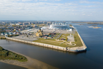 Alexander Nevsky Cathedral and football stadium at the confluence of the Oka and Volga rivers in...