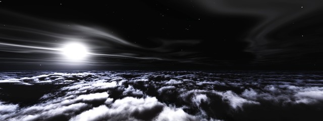 The moon over the clouds. Panorama of clouds under the moon. . 3d rendering.