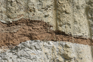 Texture of different layers of clay underground in a clay quarry. clay wall background close up