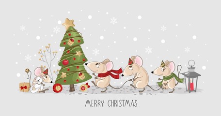 Christmas card with cute mice, Christmas tree and festive elements. Vector illustration.