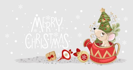 Christmas card with a cute mouse and festive elements. Vector illustration.