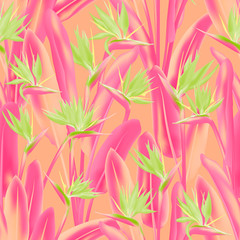 Tropical crane flower vector seamless pattern. Jungle exotic tropical plant fabric design. South African plant tropical blossom of crane flower, strelitzia. Floral wallpaper.