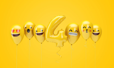 Number 4 yellow birthday emoji faces balloons. 3D Render