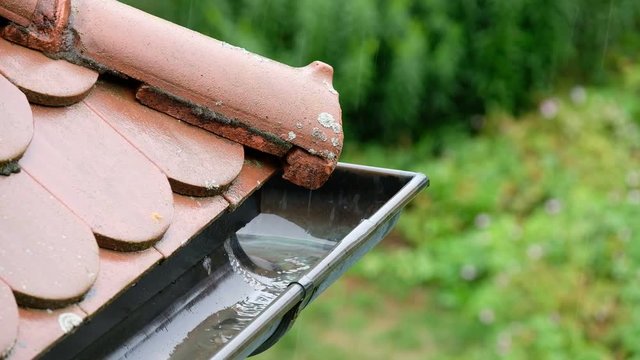 Water flowing along in a rain gutter made of copper in front of the green garden in Germany on a rainy summer day 