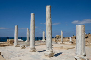 Ancient stone pillars of a temple ruin at Caesarea in Israel
