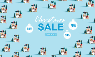 Christmas sale message with little car carrying Christmas trees