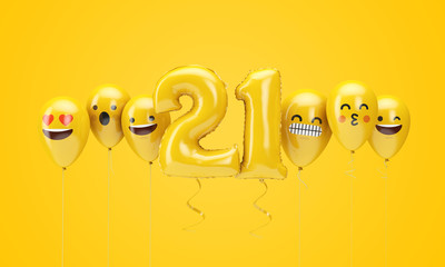 Number 21 yellow birthday emoji faces balloons. 3D Render