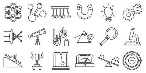 Physics science icons set. Outline set of physics science vector icons for web design isolated on white background