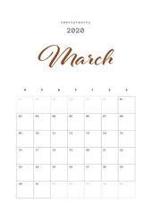 MARCH - Minimal Daily Planner 2020 Year Design Template. Printable Diary Planner 2020. Calendar 2020 Vector Set 12 Months and Cover.