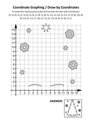 Coordinate graphing, or draw by coordinates, math worksheet with christmas tree: To reveal the mystery picture plot and connect the dots with given coordinates. Answer included.